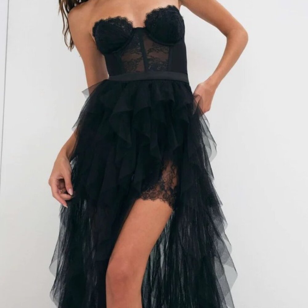 For Love & Lemons Black Strapless Lace Bustier Maxi Dress